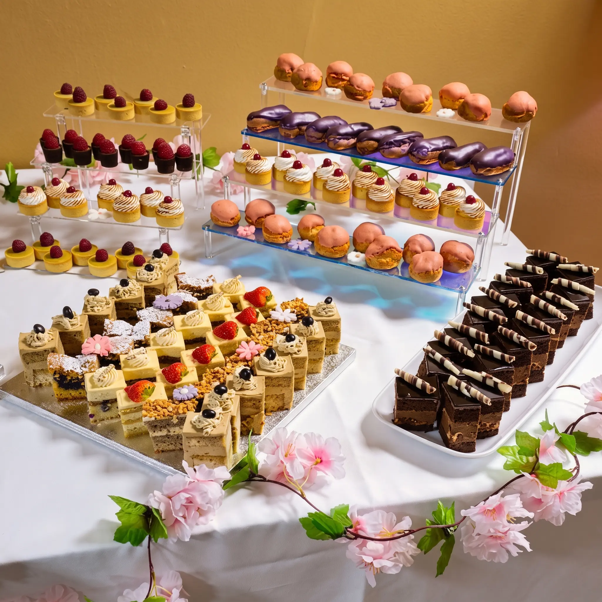 Dessert table with mini cakes, macarons, éclairs, chocolate slices and fruit desserts